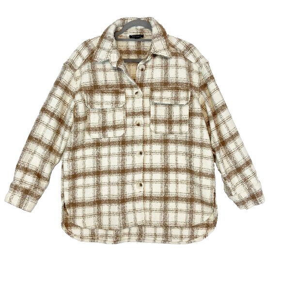 Aly Daly Shacket Womens Medium White Tan Button Front Collared Textured Neutral - Picture 1 of 5